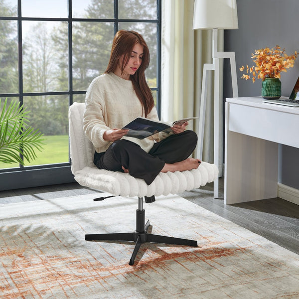 English Elm Blynn Wide Faux Fur Swivel Vanity Chair with Adjustable Height Steel Frame Cream White T2574P427914