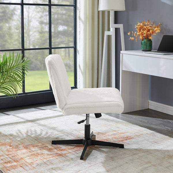 English Elm Blynn Wide Faux Fur Swivel Vanity Chair with Adjustable Height Steel Frame Cream White T2574P427914