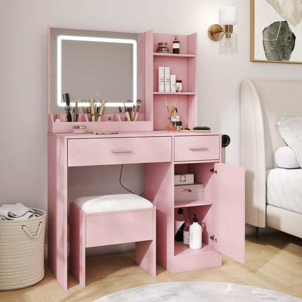 English Elm Lavin Makeup Vanity Desk with Led Mirror Charging Station Stool and Feminine Storage Pink T2574P460895