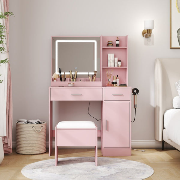 English Elm Lavin Makeup Vanity Desk with Led Mirror Charging Station Stool and Feminine Storage Pink T2574P460895