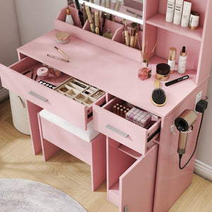 English Elm Lavin Makeup Vanity Desk with Led Mirror Charging Station Stool and Feminine Storage Pink T2574P460895