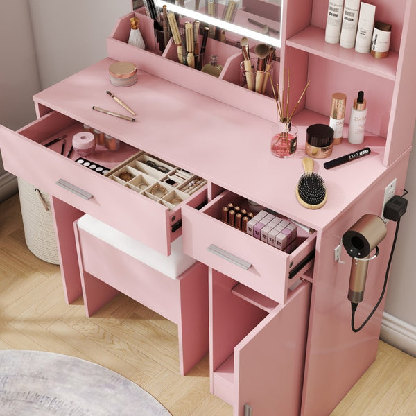 English Elm Lavin Makeup Vanity Desk with Led Mirror Charging Station Stool and Feminine Storage Pink T2574P460895