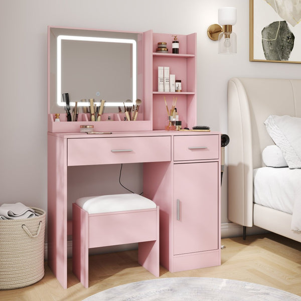 English Elm Lavin Makeup Vanity Desk with Led Mirror Charging Station Stool and Feminine Storage Pink T2574P460895