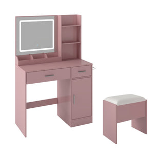 English Elm Lavin Makeup Vanity Desk with Led Mirror Charging Station Stool and Feminine Storage Pink T2574P460895