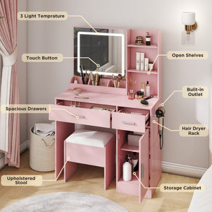 English Elm Lavin Makeup Vanity Desk with Led Mirror Charging Station Stool and Feminine Storage Pink T2574P460895
