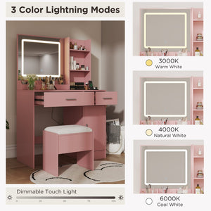 English Elm Lavin Makeup Vanity Desk with Led Mirror Charging Station Stool and Feminine Storage Pink T2574P460895