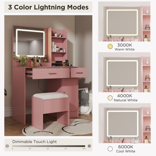 English Elm Lavin Makeup Vanity Desk with Led Mirror Charging Station Stool and Feminine Storage Pink T2574P460895