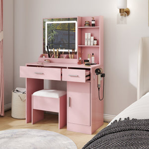 English Elm Lavin Makeup Vanity Desk with Led Mirror Charging Station Stool and Feminine Storage Pink T2574P460895