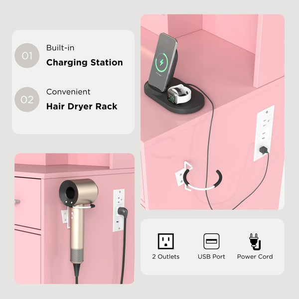 English Elm Lavin Makeup Vanity Desk with Led Mirror Charging Station Stool and Feminine Storage Pink T2574P460895