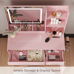 English Elm Lavin Makeup Vanity Desk with Led Mirror Charging Station Stool and Feminine Storage Pink T2574P460895