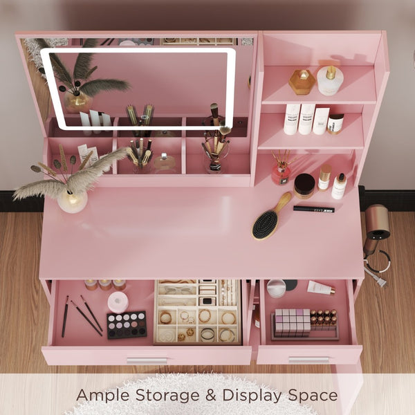 English Elm Lavin Makeup Vanity Desk with Led Mirror Charging Station Stool and Feminine Storage Pink T2574P460895