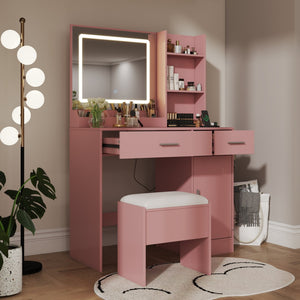English Elm Lavin Makeup Vanity Desk with Led Mirror Charging Station Stool and Feminine Storage Pink T2574P460895