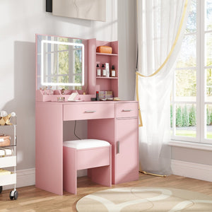English Elm Lavin Makeup Vanity Desk with Led Mirror Charging Station Stool and Feminine Storage Pink T2574P460895