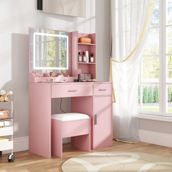 English Elm Lavin Makeup Vanity Desk with Led Mirror Charging Station Stool and Feminine Storage Pink T2574P460895