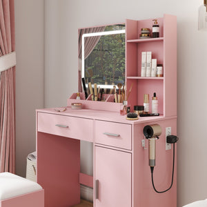 English Elm Lavin Makeup Vanity Desk with Led Mirror Charging Station Stool and Feminine Storage Pink T2574P460895