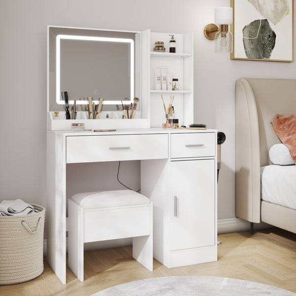 English Elm Lavin Makeup Vanity Desk with Led Mirror Charging Station Stool and Feminine Storage White T2574P460896