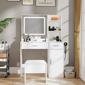 English Elm Lavin Makeup Vanity Desk with Led Mirror Charging Station Stool and Feminine Storage White T2574P460896