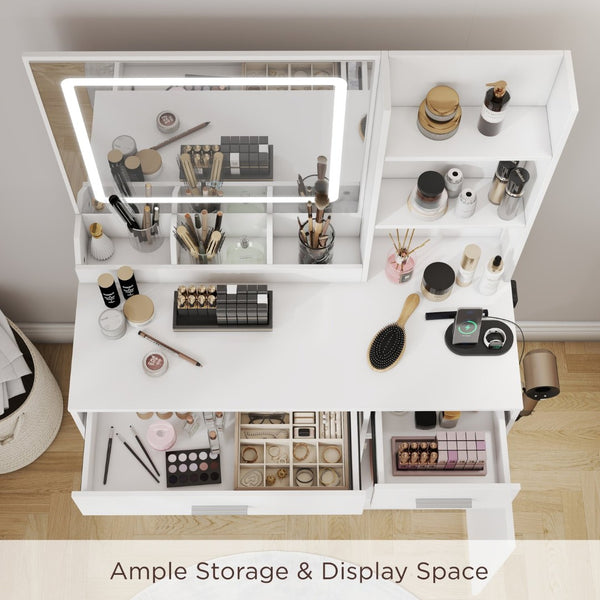 English Elm Lavin Makeup Vanity Desk with Led Mirror Charging Station Stool and Feminine Storage White T2574P460896