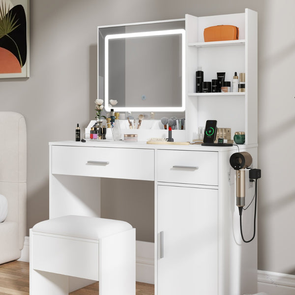 English Elm Lavin Makeup Vanity Desk with Led Mirror Charging Station Stool and Feminine Storage White T2574P460896
