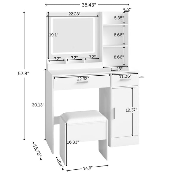 English Elm Lavin Makeup Vanity Desk with Led Mirror Charging Station Stool and Feminine Storage White T2574P460896