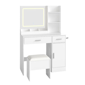 English Elm Lavin Makeup Vanity Desk with Led Mirror Charging Station Stool and Feminine Storage White T2574P460896