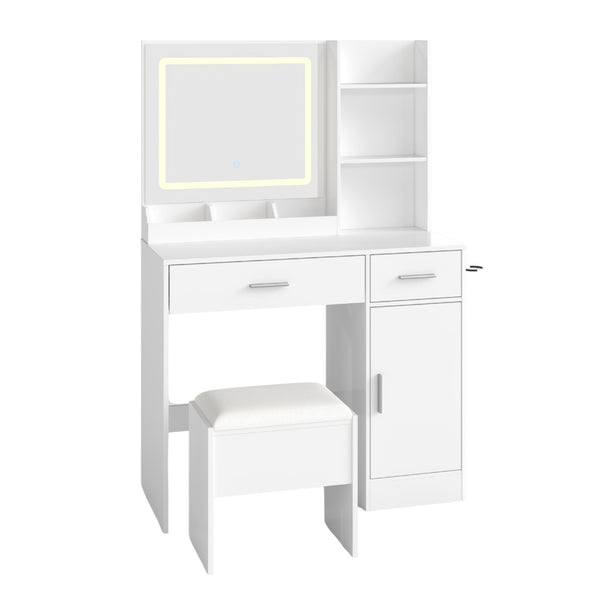 English Elm Lavin Makeup Vanity Desk with Led Mirror Charging Station Stool and Feminine Storage White T2574P460896