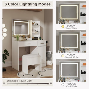 English Elm Lavin Makeup Vanity Desk with Led Mirror Charging Station Stool and Feminine Storage White T2574P460896