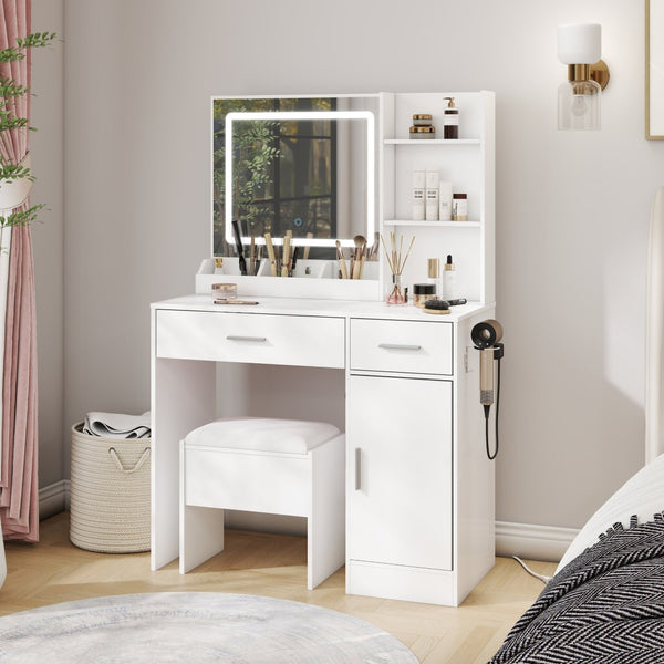 English Elm Lavin Makeup Vanity Desk with Led Mirror Charging Station Stool and Feminine Storage White T2574P460896