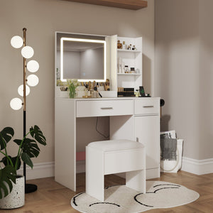 English Elm Lavin Makeup Vanity Desk with Led Mirror Charging Station Stool and Feminine Storage White T2574P460896