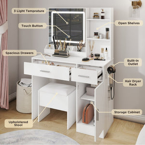English Elm Lavin Makeup Vanity Desk with Led Mirror Charging Station Stool and Feminine Storage White T2574P460896