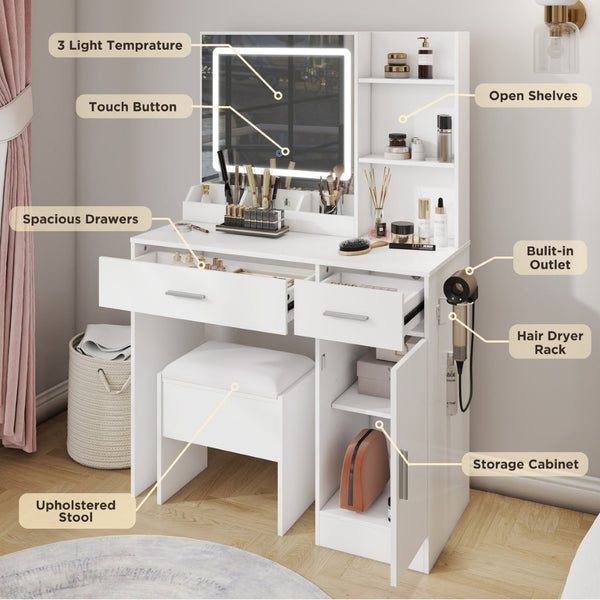 English Elm Lavin Makeup Vanity Desk with Led Mirror Charging Station Stool and Feminine Storage White T2574P460896