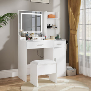 English Elm Lavin Makeup Vanity Desk with Led Mirror Charging Station Stool and Feminine Storage White T2574P460896