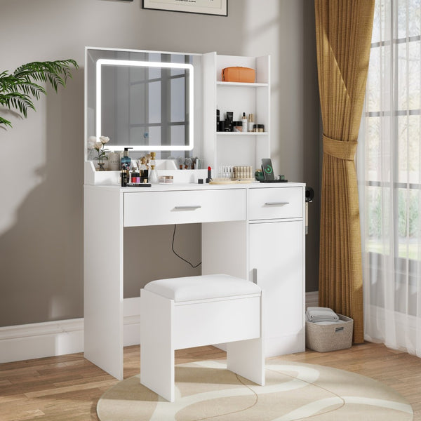 English Elm Lavin Makeup Vanity Desk with Led Mirror Charging Station Stool and Feminine Storage White T2574P460896