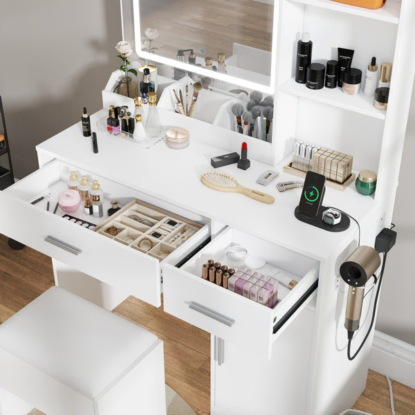 English Elm Lavin Makeup Vanity Desk with Led Mirror Charging Station Stool and Feminine Storage White T2574P460896