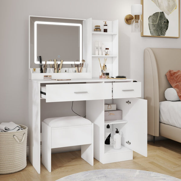 English Elm Lavin Makeup Vanity Desk with Led Mirror Charging Station Stool and Feminine Storage White T2574P460896