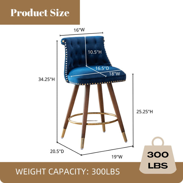English Elm Elvara Button Tufted Upholstered Counter Stools with Nailhead Trim Set of 2 Blue T2574P460911