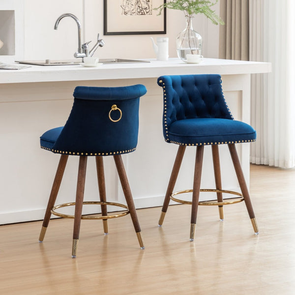 English Elm Elvara Button Tufted Upholstered Counter Stools with Nailhead Trim Set of 2 Blue T2574P460911