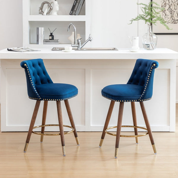 English Elm Elvara Button Tufted Upholstered Counter Stools with Nailhead Trim Set of 2 Blue T2574P460911