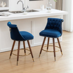 English Elm Elvara Button Tufted Upholstered Counter Stools with Nailhead Trim Set of 2 Blue T2574P460911