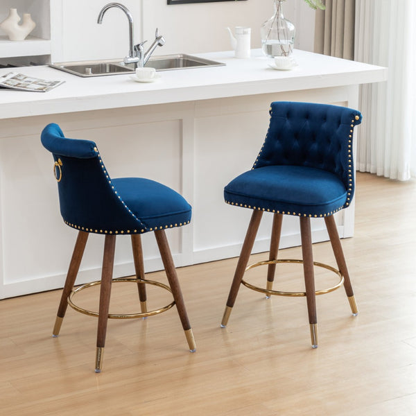 English Elm Elvara Button Tufted Upholstered Counter Stools with Nailhead Trim Set of 2 Blue T2574P460911