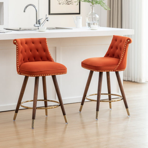 English Elm Elvara Button Tufted Upholstered Counter Stools with Nailhead Trim Set of 2 Orange T2574P460912