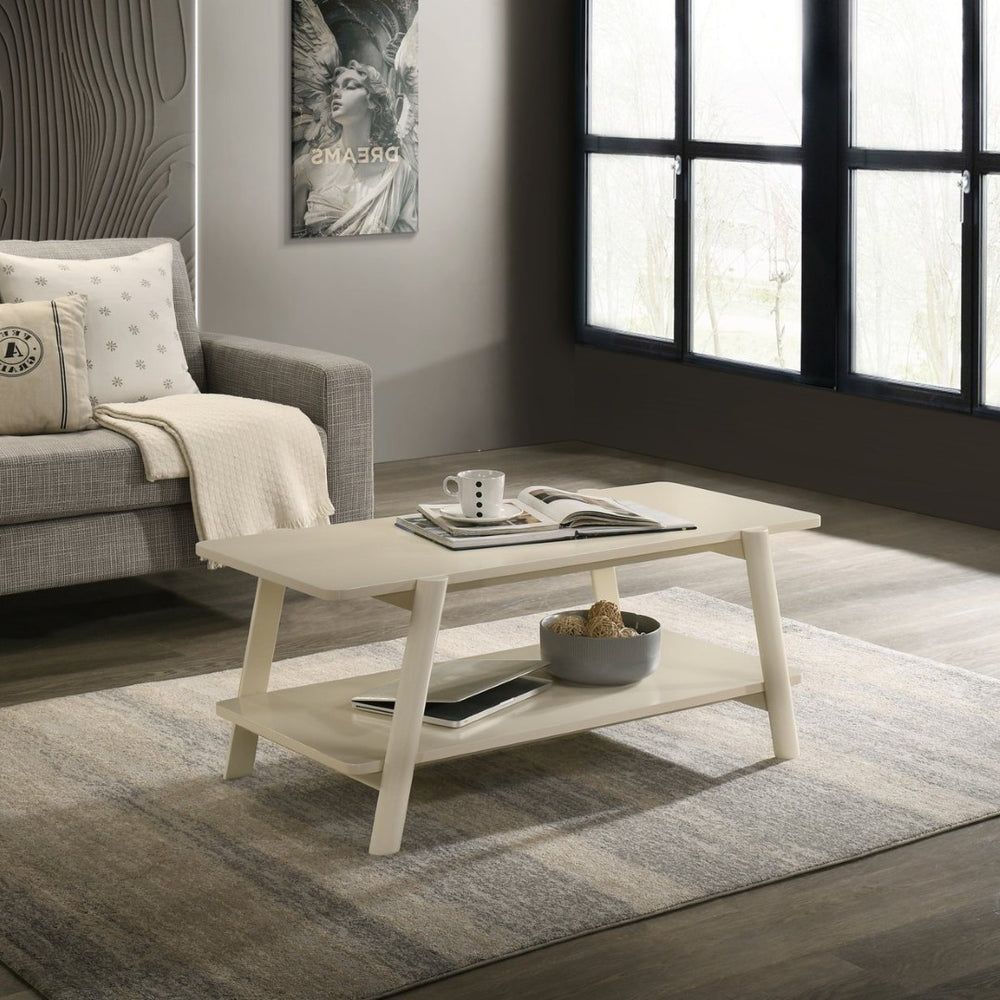 English Elm Metz Mid-Century Modern Coffee Table with Open Shelf and Sculptural Tapered Legs T2574P460913