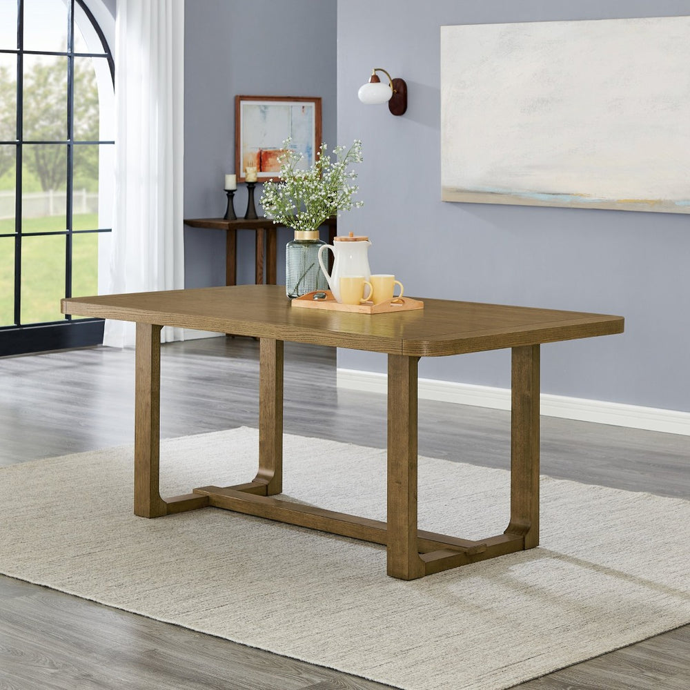 English Elm Parker Trestle Base Rectangular Dining Table Seats Six in Modern Rustic Oak Veneer T2574P464664