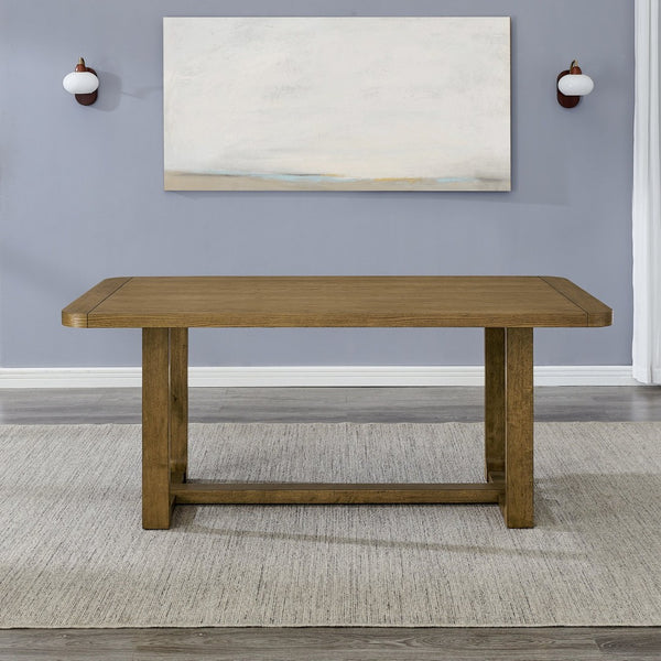 English Elm Parker Trestle Base Rectangular Dining Table Seats Six in Modern Rustic Oak Veneer T2574P464664