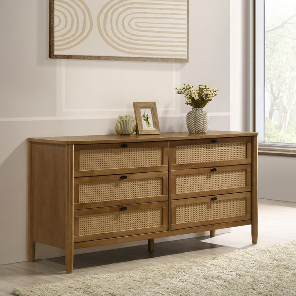 English Elm Vichy Rattan Front Six Drawer Dresser Solid Wood Walnut Finish Bohemian Bedroom T2574P474560