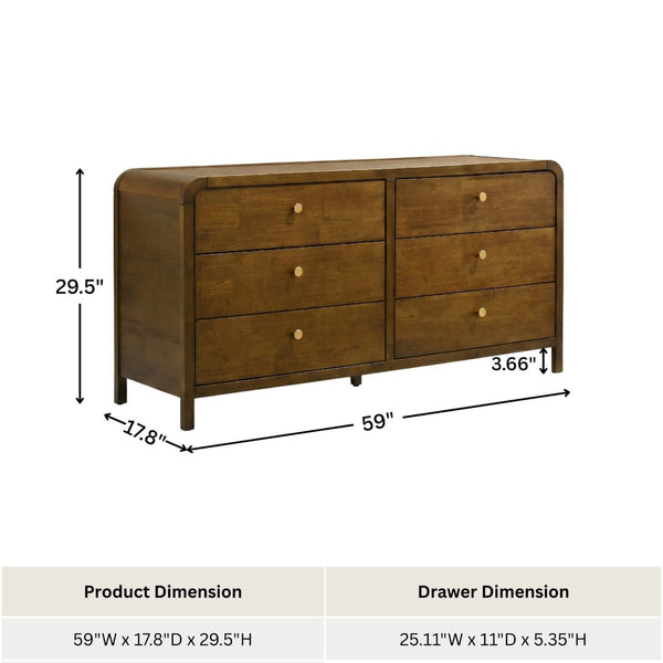 English Elm Eldren Six Drawer Rubberwood Dresser with Walnut Finish and Gold Hardware for Bedroom T2574P489997