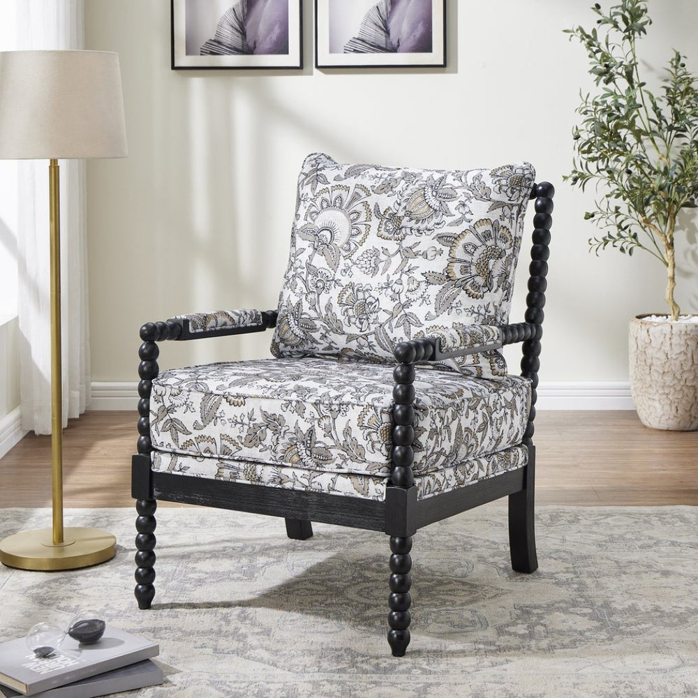 English Elm Belvoir Spool Turned Rubberwood Accent Chair Plush Foam Seat for Cottage Living Black Floral T2574P506236
