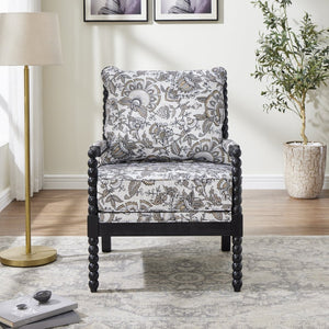 English Elm Belvoir Spool Turned Rubberwood Accent Chair Plush Foam Seat for Cottage Living Black Floral T2574P506236