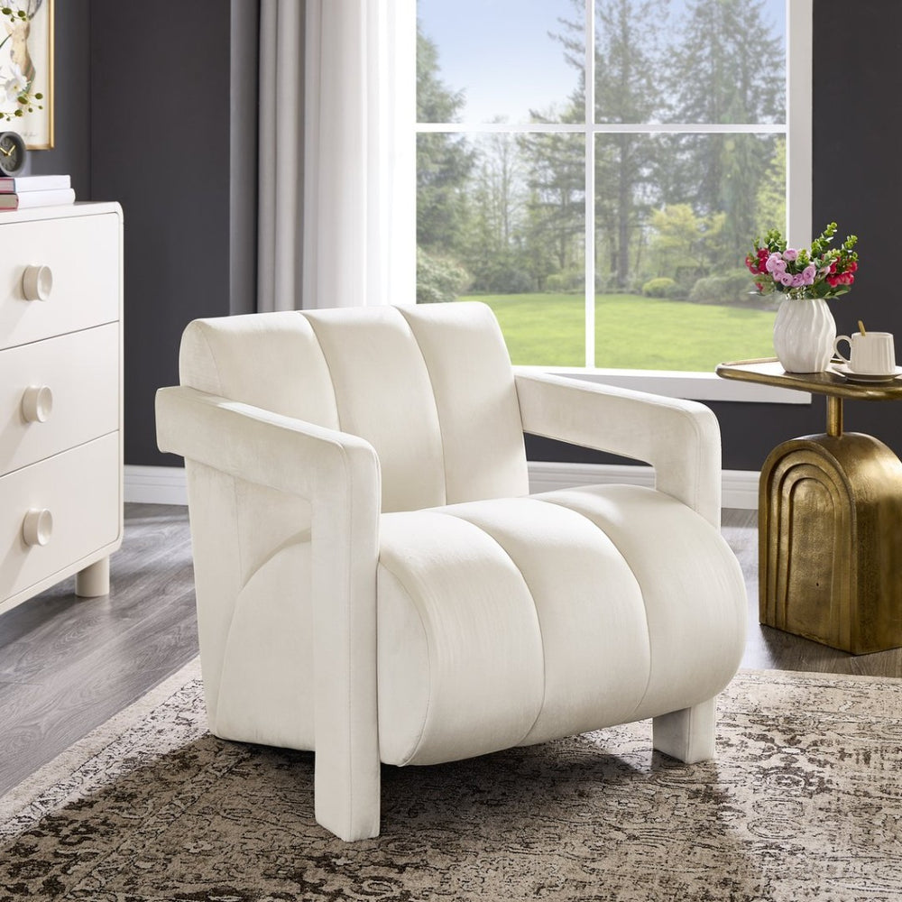 English Elm Velmor Channel Tufted Velvet Accent Chair with Wide Arms for Living Room Ivory T2574P506249