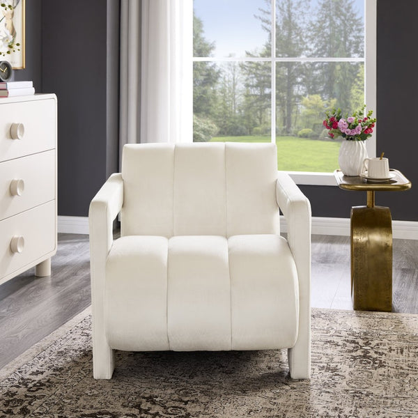 English Elm Velmor Channel Tufted Velvet Accent Chair with Wide Arms for Living Room Ivory T2574P506249